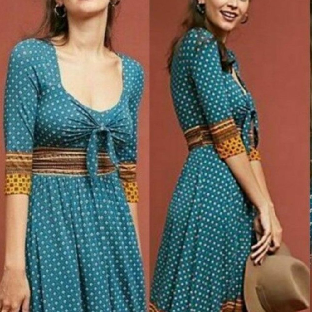 Maeve Teal Polka-Dot Tie-Front Midi Dress with Mustard Trim